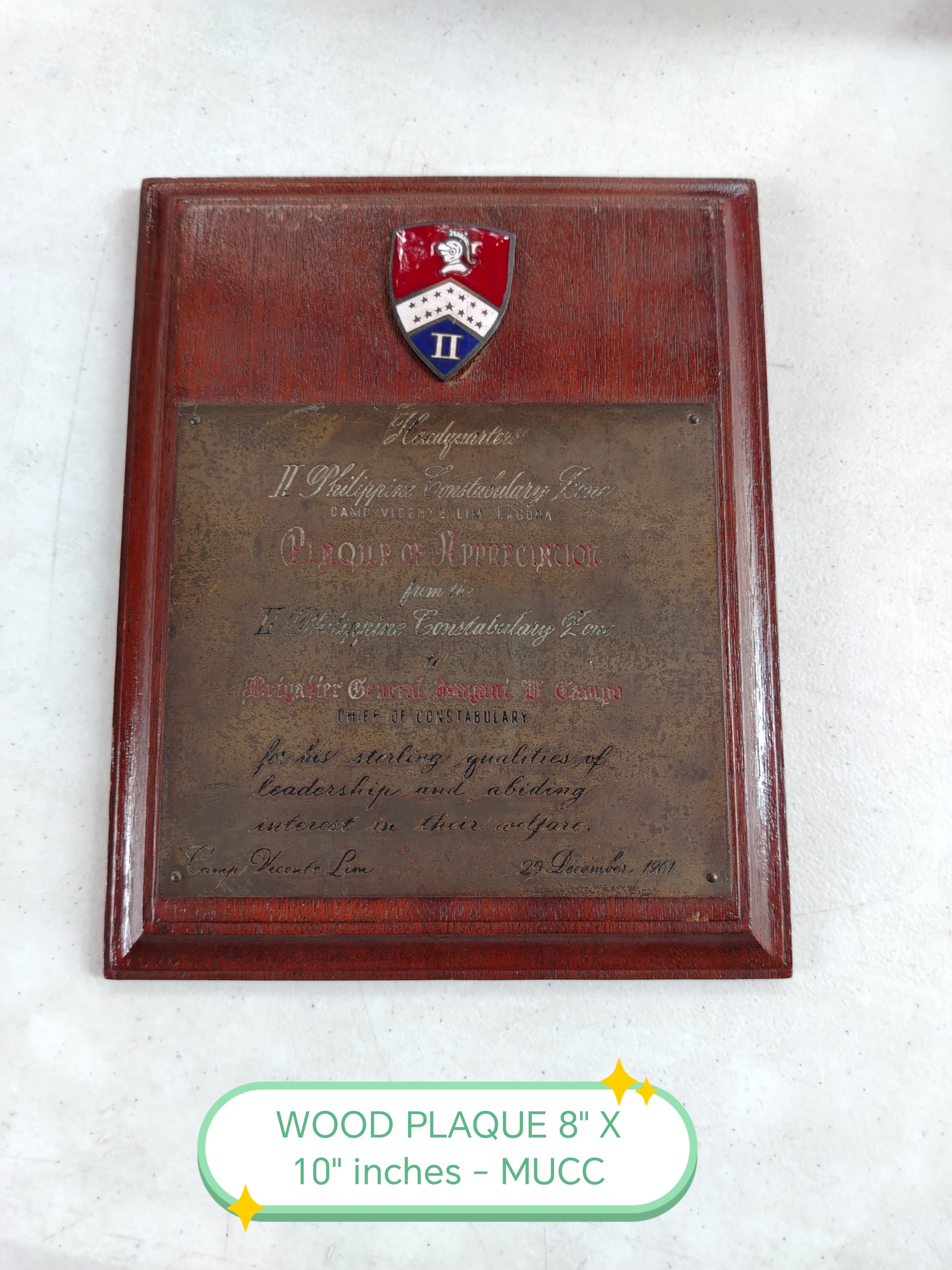 PHIL. CONSTABULARY WOOD PLAQUE OF APPRICIATION